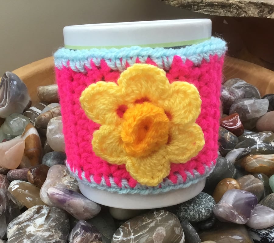 Vibrant Daffodil Crocheted Mug Cosy! Give your mug a hug!