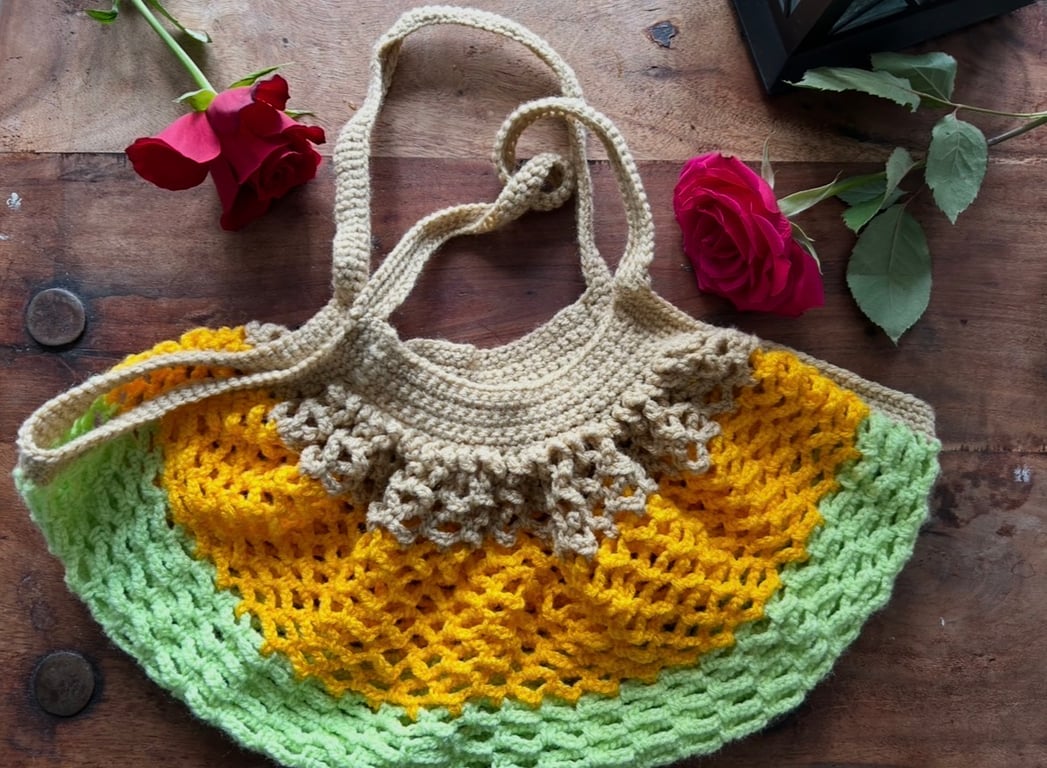 Handmade Crochet Market & Beach Bag – Wool – Beige, Orange & Green