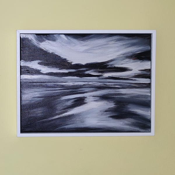 Blank and White Seascape, abstract monochrome framed painting