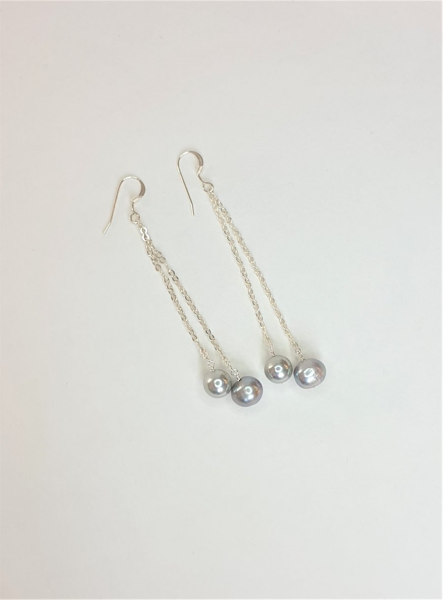 Silver Grey Shell Pearl Sterling Silver Chain Long Drop Dangle Earrings
