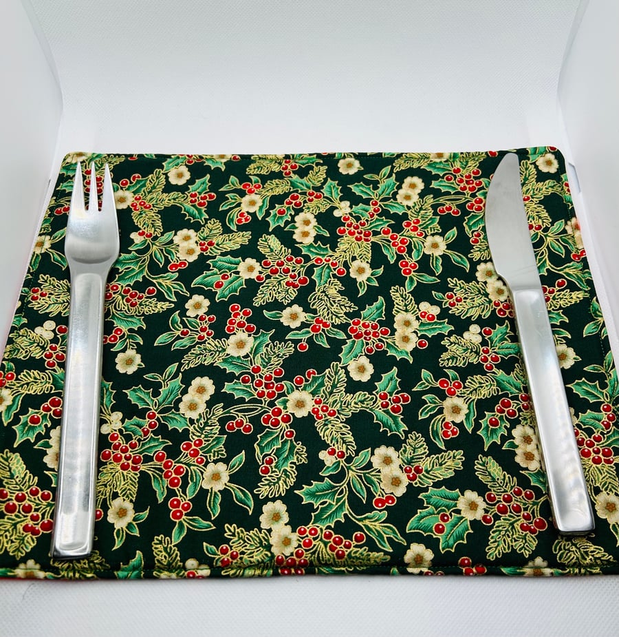Fabric Table Mat for Christmas Dinner Table in Green and red Metallic Fabric 