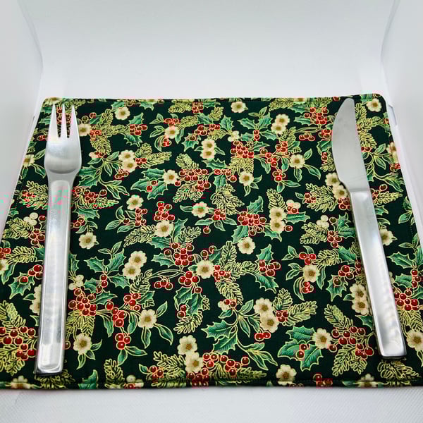 Fabric Table Mat for Christmas Dinner Table in Green and red Metallic Fabric 