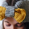 Grey knitted headband, chunky knit headband with bow