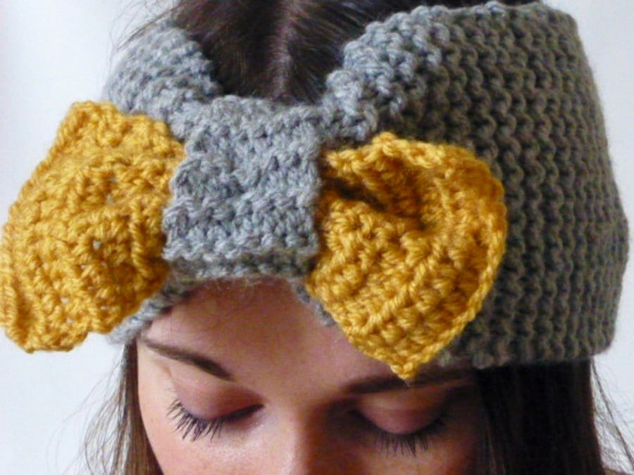 Grey knitted headband, chunky knit headband with bow