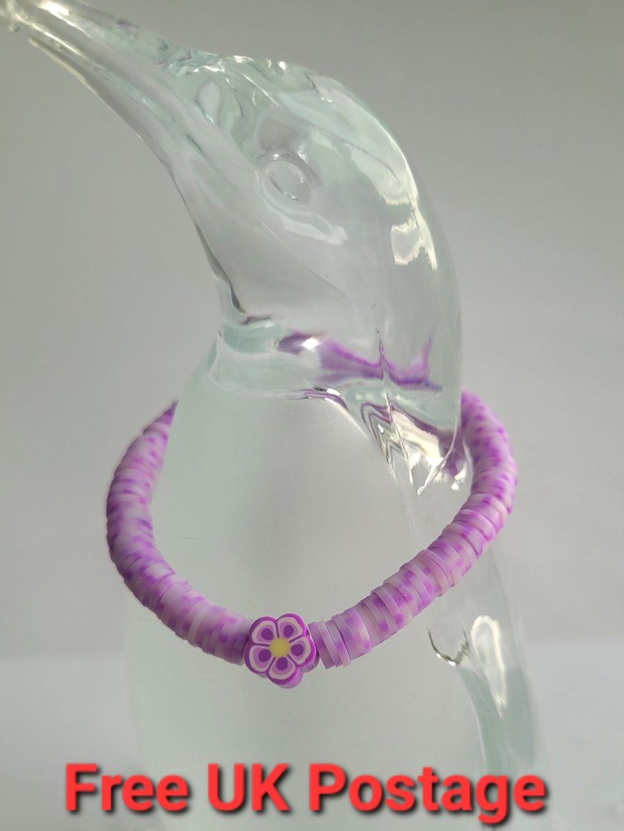 Lilac and white polymer clay bead bracelet