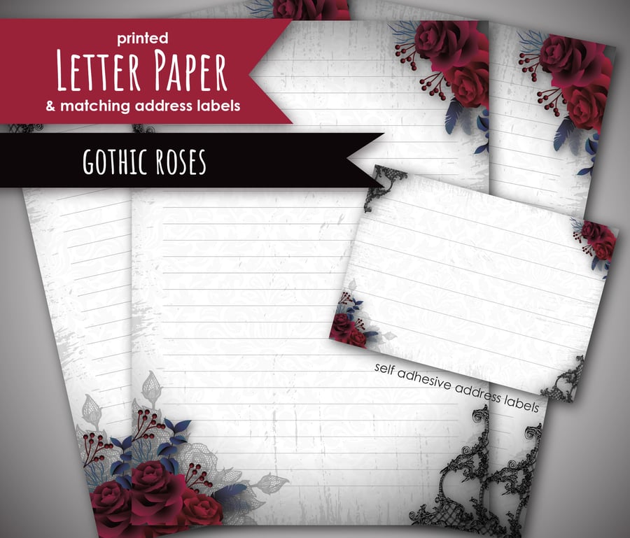 Letter Writing Paper Dark Gothic Red Roses, with matching address labels