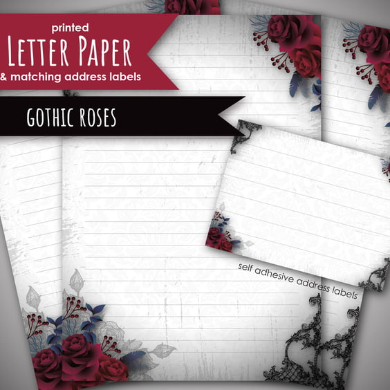 Letter Writing Paper Dark Gothic Red Roses, with matching address labels