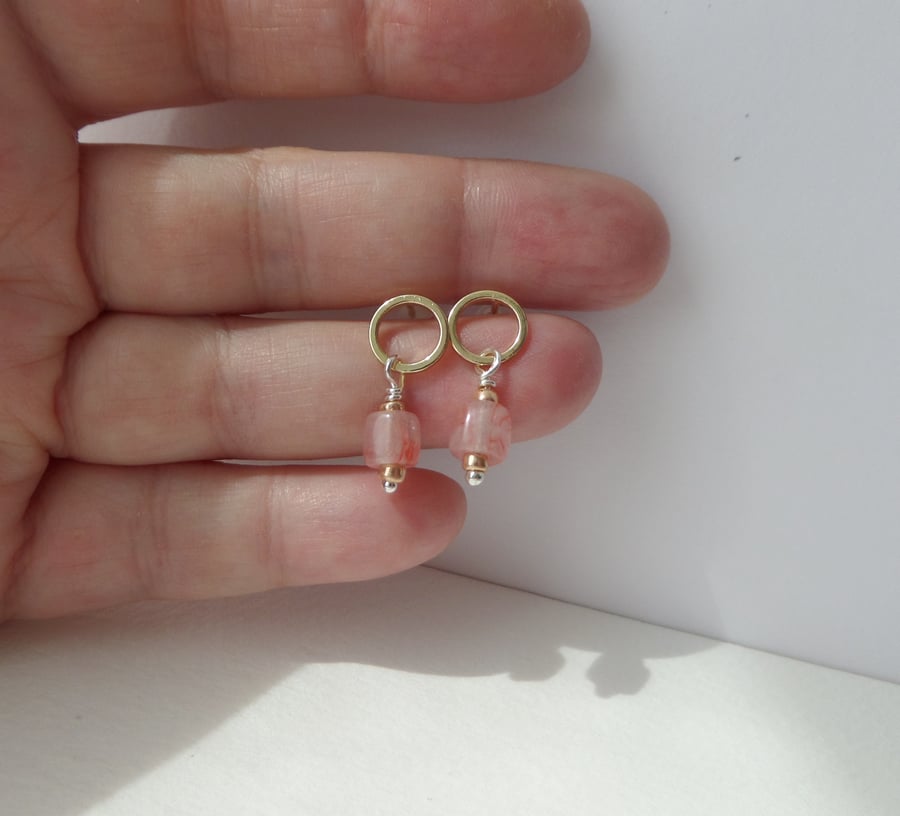 Peach Glass Circle Stud Earrings Gold.