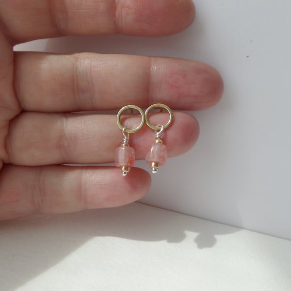 Peach Glass Circle Stud Earrings Gold.