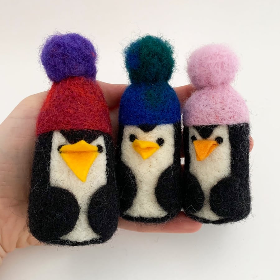 Needlefelted Penguin in Blue and Green Bobble Hat
