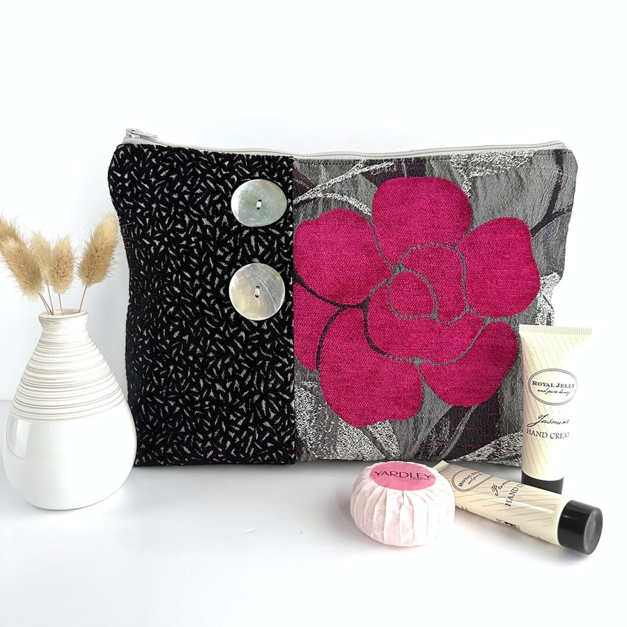 Brocade Toiletry Bag in Black and Grey with Hot Pink Rose