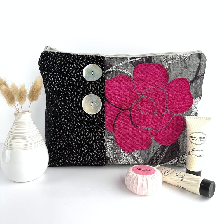 Brocade Toiletry Bag in Black and Grey with Hot Pink Rose