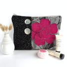 Brocade Toiletry Bag in Black and Grey with Hot Pink Rose