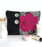 Brocade Toiletry Bag in Black and Grey with Hot Pink Rose