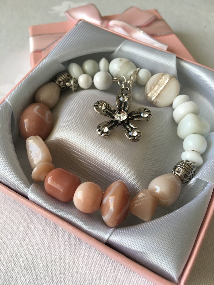 White & Taupe vintage bead collection stretch bracelet 