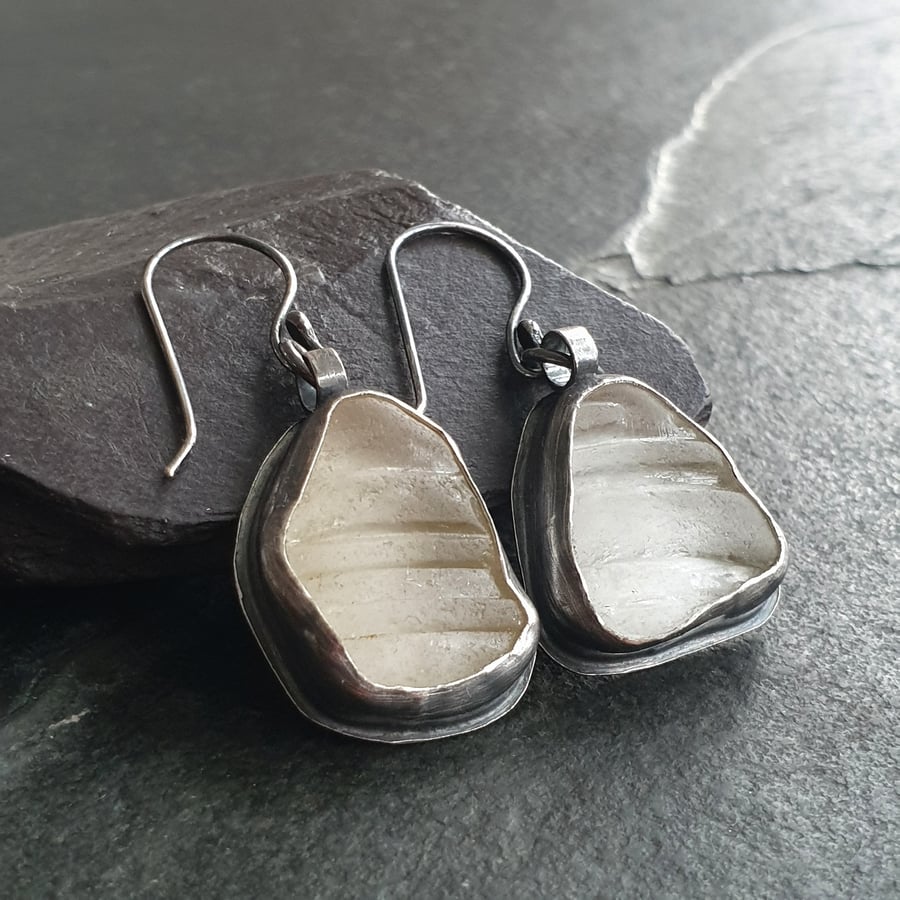 White seaglass earrings, Upcycled beach treasure, Oxidised silver