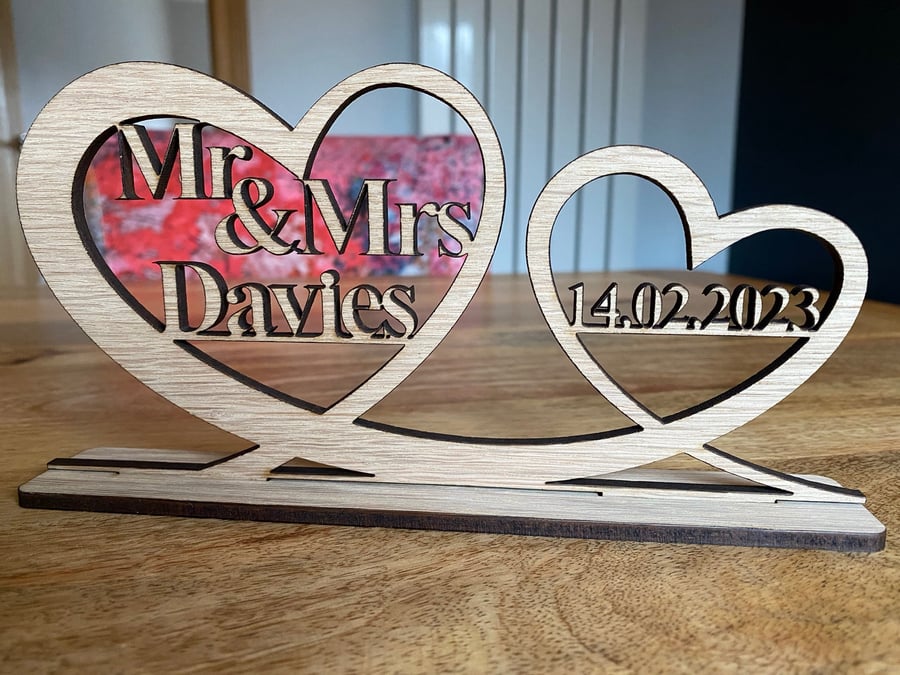 Mr & Mrs Oak Veneer Top Table Wedding Sign with Date.