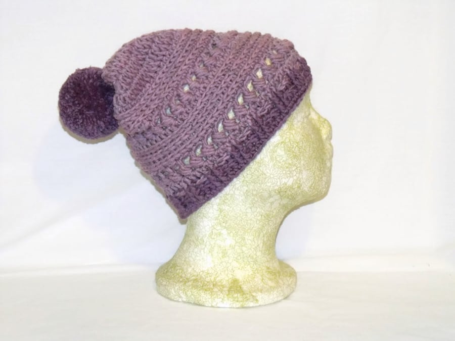 merino lilac crocheted beanie, pure wool ladies winter pom pom slouch hat