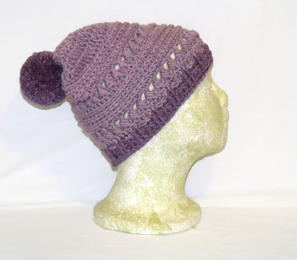 merino lilac crocheted beanie, pure wool ladies winter pom pom slouch hat