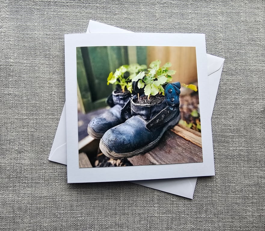 Old Boots planted with Geraniums Large Photographic Card Size 6" x 6" 