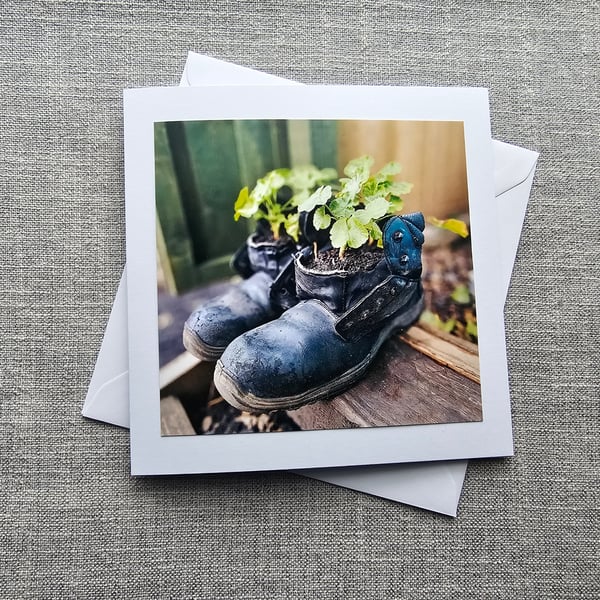 Old Boots planted with Geraniums Large Photographic Card Size 6" x 6" 