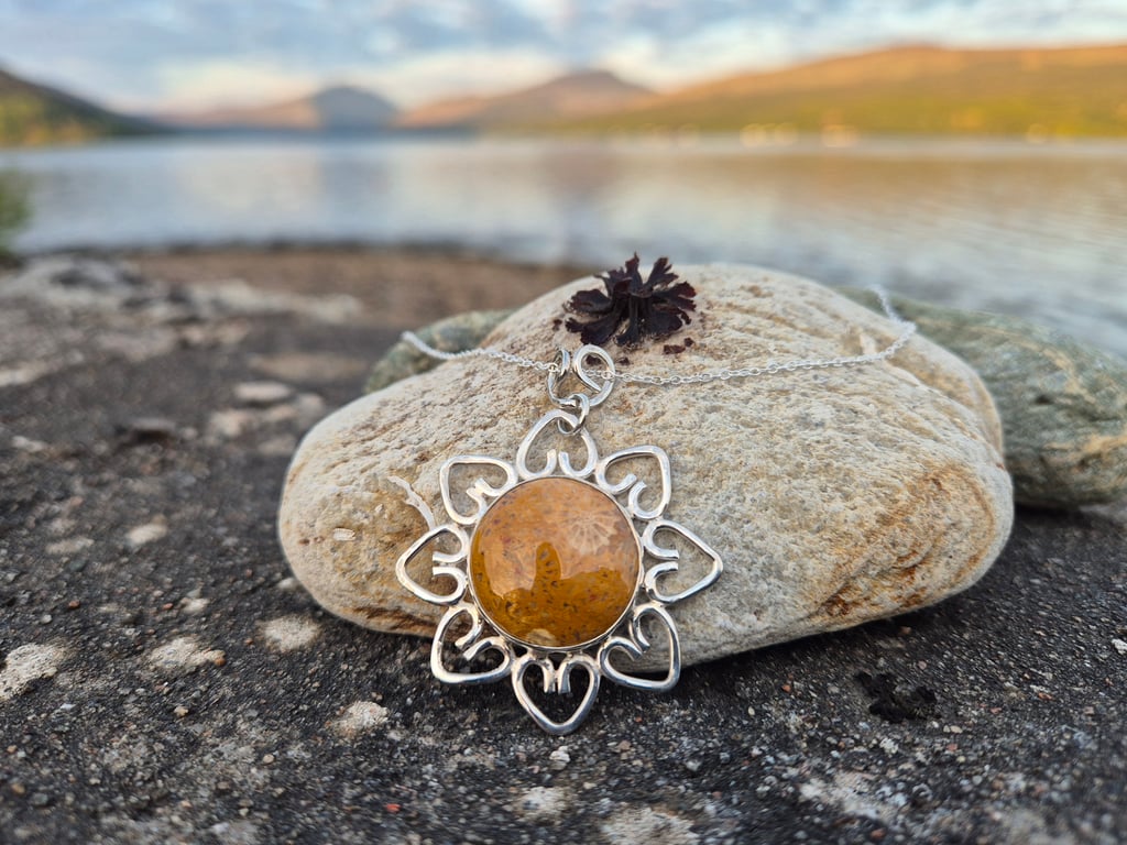 Sterling silver and fossilised coral stone necklace 