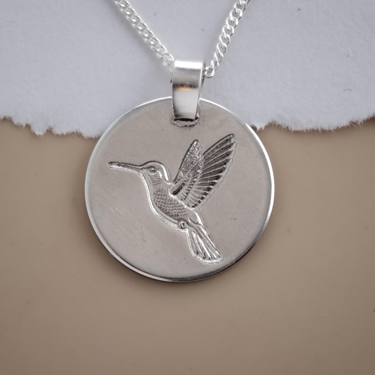 Sterling Silver Hummingbird Coin Pendant Necklace Recycled Handmade Deep Engrave