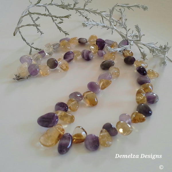 A Grade Citrine & Amethyst Pear Drop Sterling Silver Necklace 