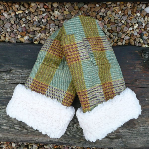 ladies mittens green gold british wool tweed faux sheepskin sherpa fleece gloves