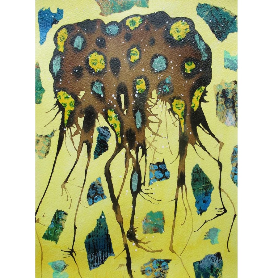 Minimal Lemon Yellow Brown Modern Abstract Painting In Watercolour Ink Collage