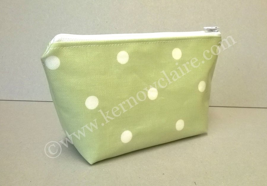 SALE - Pale green make up bag with white spots, lined