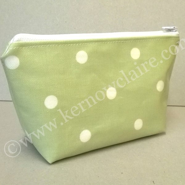 SALE - Pale green make up bag with white spots, lined
