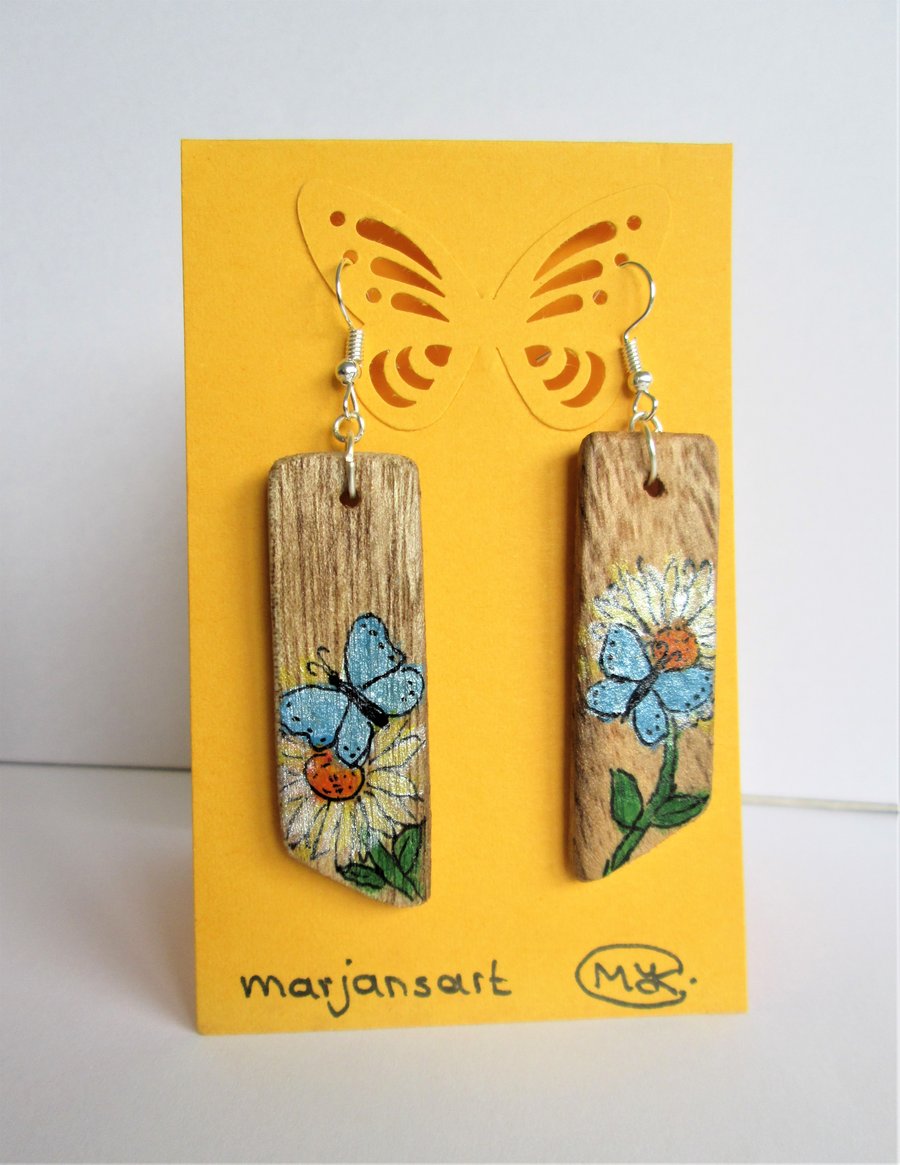 Perfect Wooden hand painted earrings. Blue Butterfly and White Flowers