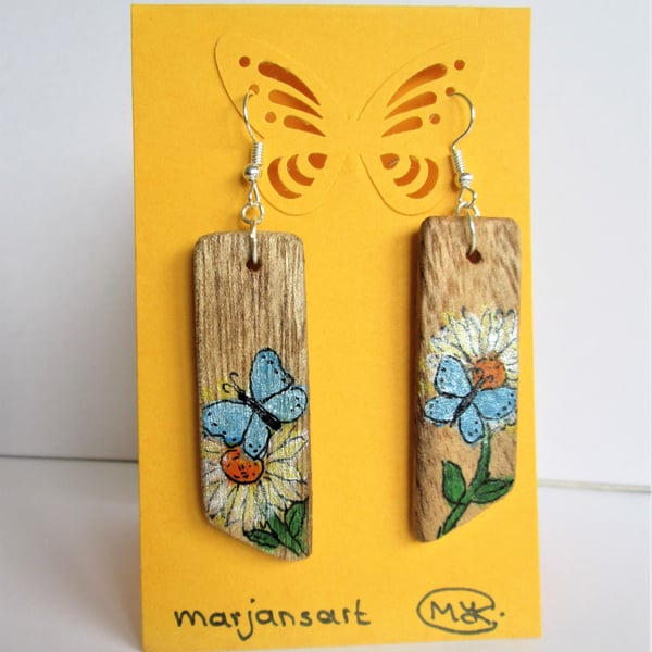 Perfect Wooden hand painted earrings. Blue Butterfly and White Flowers