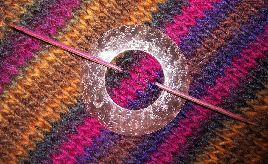 Shawl pin in textured flower imprintedcopper