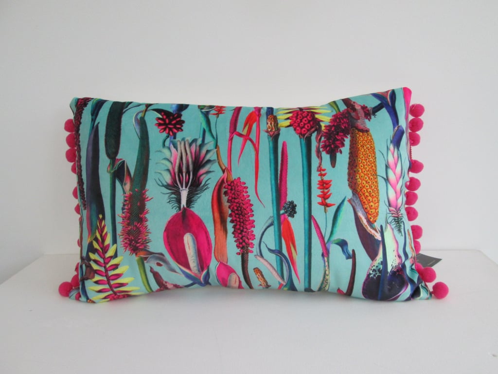Printed Velvet Jungle Design Cushion Cover with Pink Pom Poms