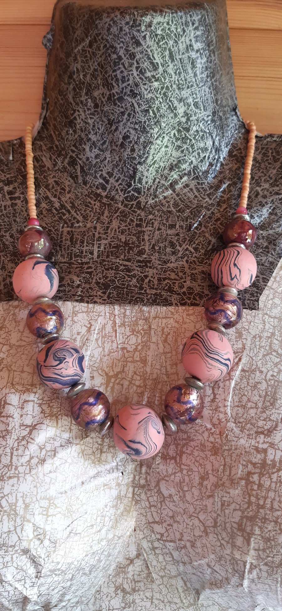 Statement polymer clay necklace in pinks and blue