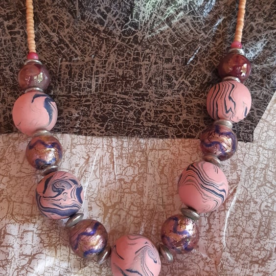 Statement polymer clay necklace in pinks and blue