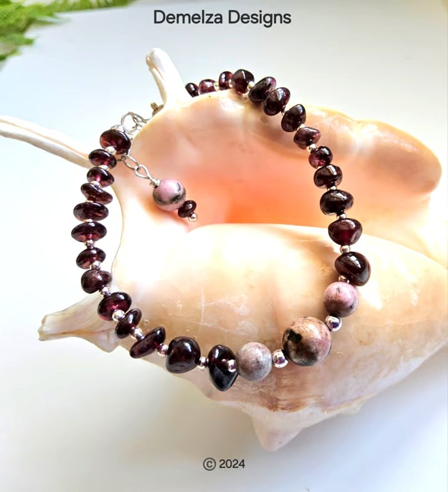 Designer Ruby Red Garnet & Rare Rhodonite Sterling Silver Bracelet