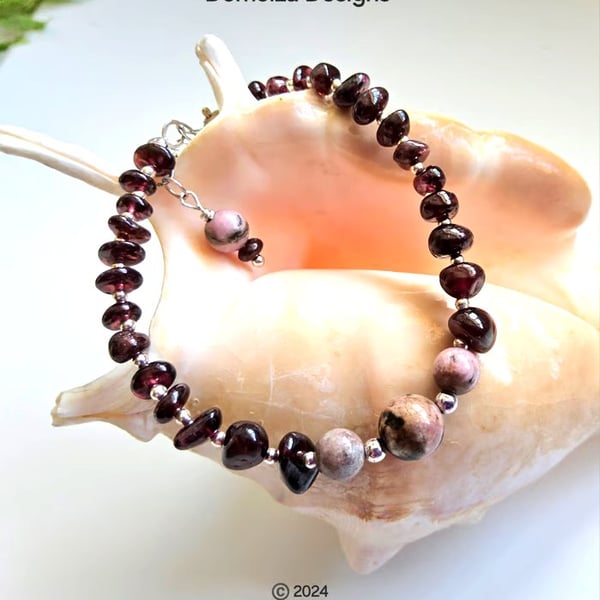 Designer Ruby Red Garnet & Rare Rhodonite Sterling Silver Bracelet