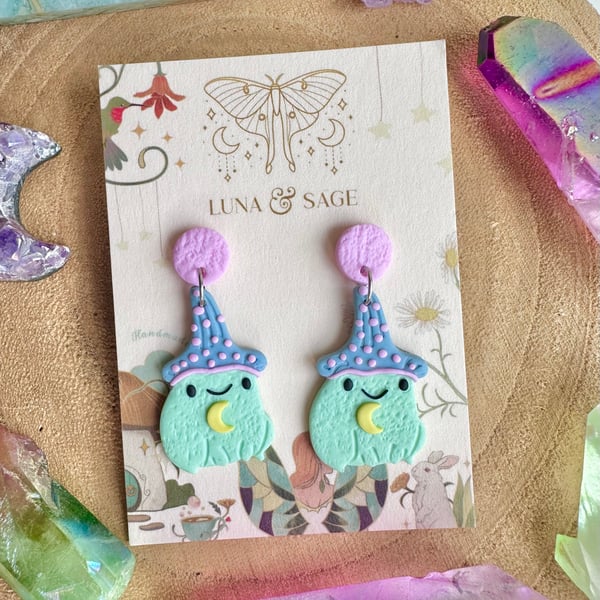Handmade Frog Wizard Polymer Clay Earrings