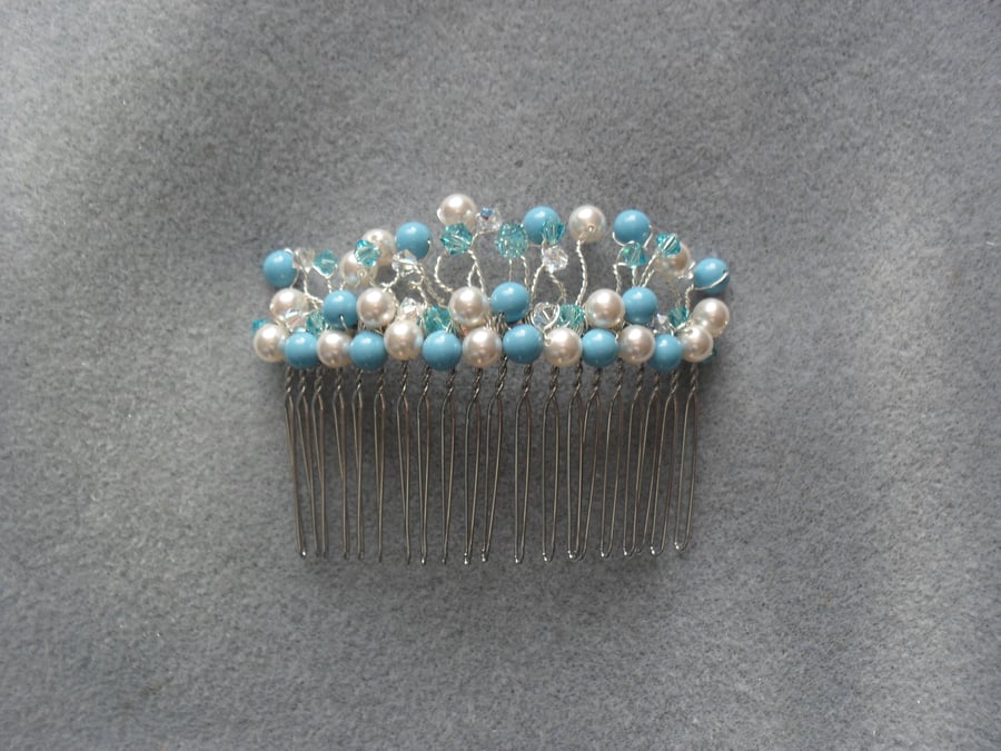 SALE Turquoise, Ivory Pearl and Crystal Hair Comb With Swarovski 