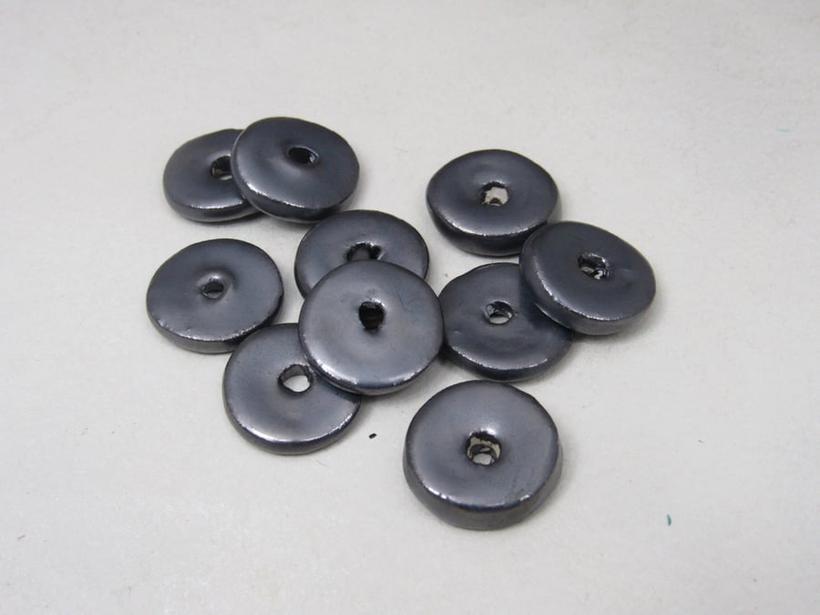 10 Medium Metallic Glazed Ceramic Washer Beads