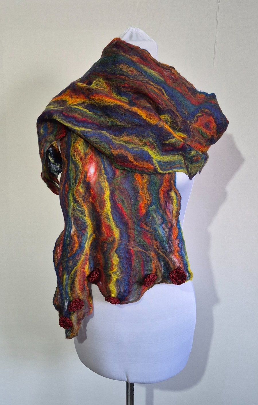 Image of 37. Multicoloured Hand Felted Wrap in Hand Spun Merino Wool. Measures 60"x 10".