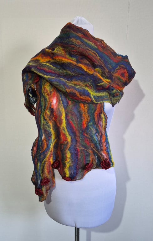 37. Multicoloured Hand Felted Wrap in Hand Spun Merino Wool. Measures 60"x 10".