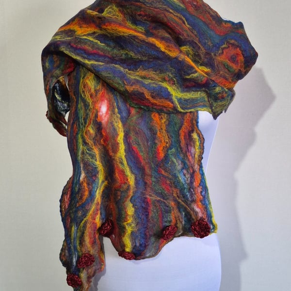 37. Multicoloured Hand Felted Wrap in Hand Spun Merino Wool. Measures 60"x 10".