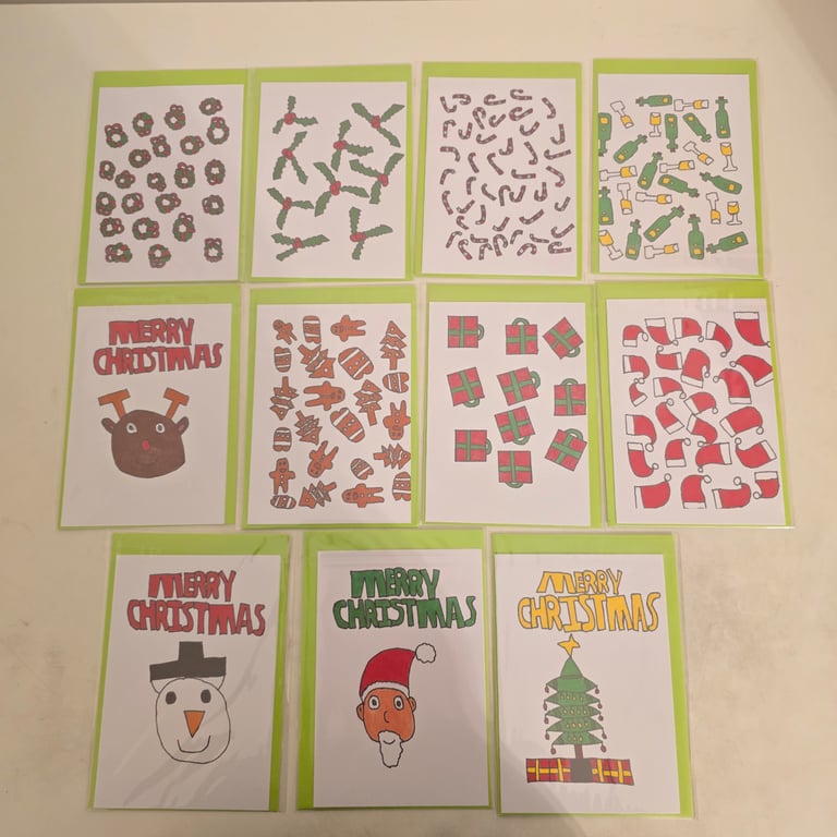 Christmas Greetings Cards Hand-Drawn Pack of 11