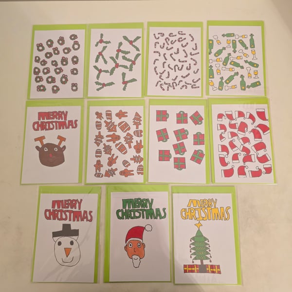 Christmas Greetings Cards Hand-Drawn Pack of 11