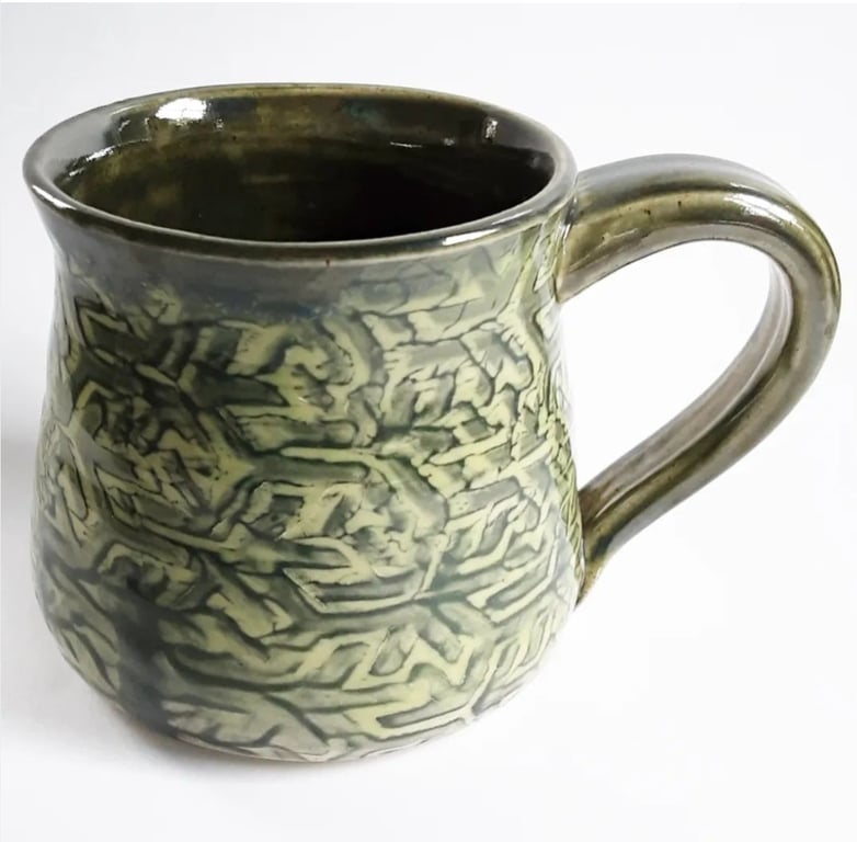 Green Patterned Glazed Mug - Hand Thrown Stoneware Ceramic Mug 