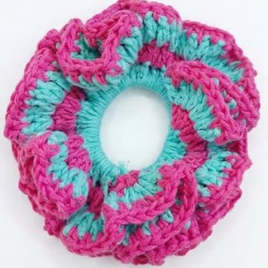 Handmade pink and turquoise crochet Scrunchie 